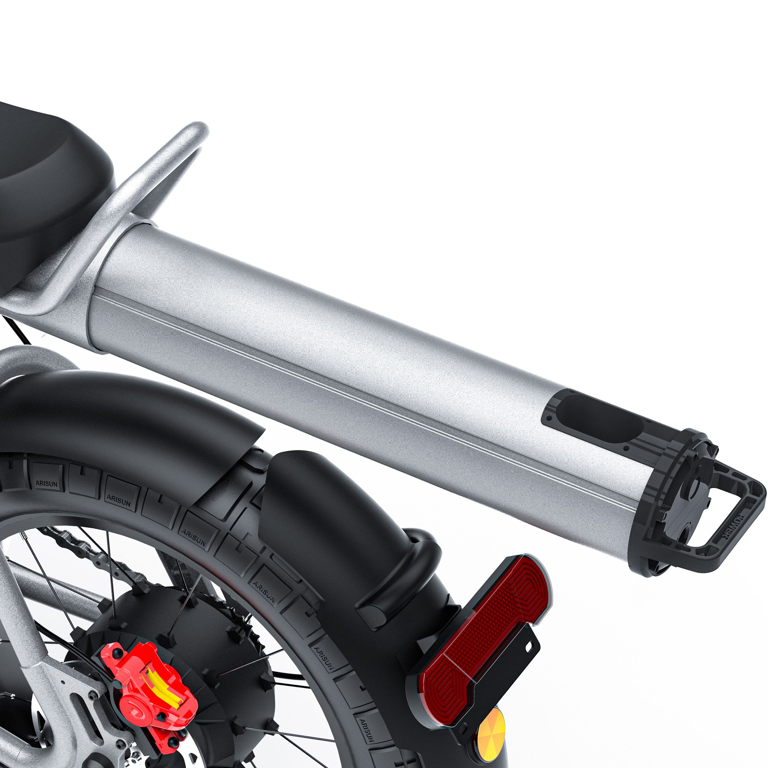 Detailansicht des Rückteils eines elektrischen Dirtbikes. Rücklicht, Kotflügel, Batteriegehäuse.