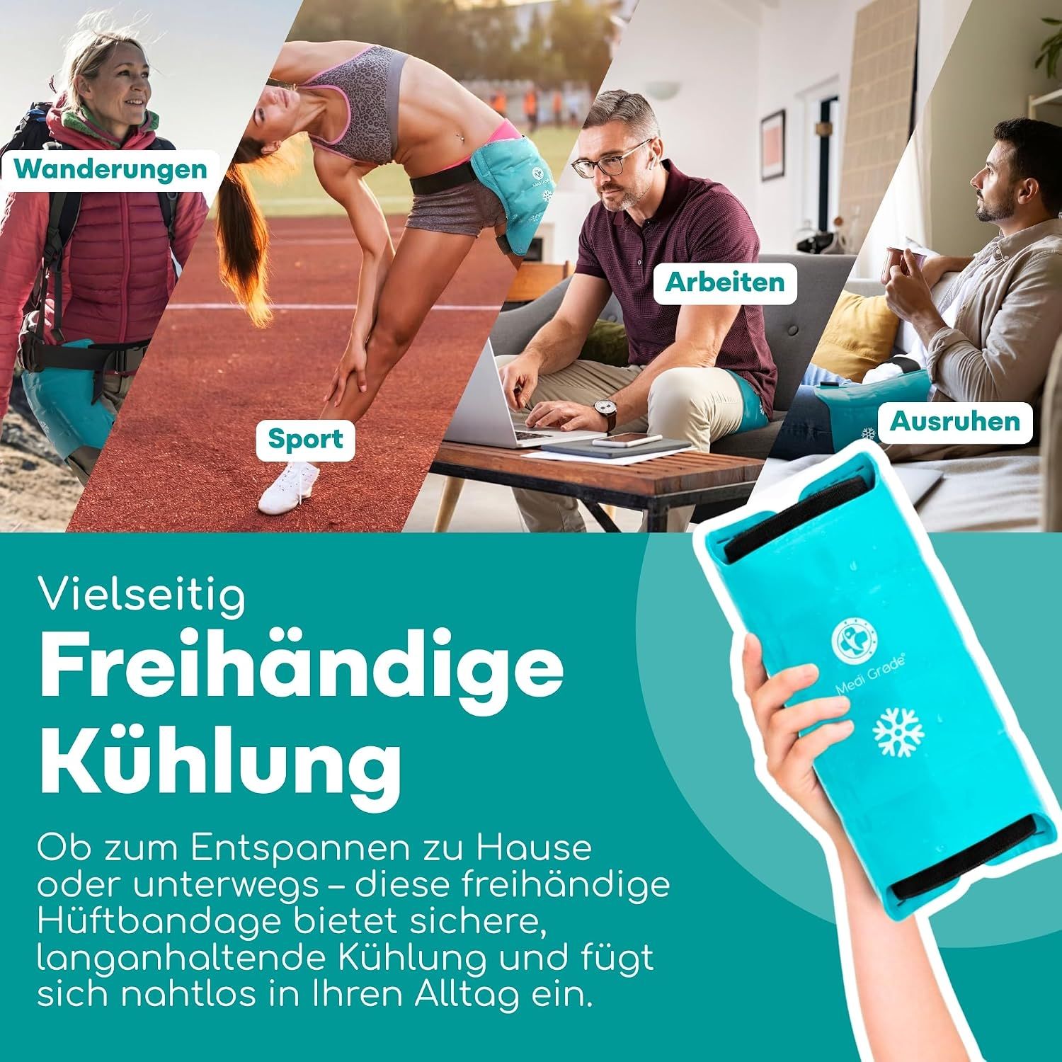 Wiederverwendbare, tragbare Hüftkühlpackung für gezielte Kühlung.