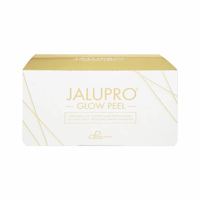 Weiße Produktverpackung mit goldfarbenem Deckel. Aufschrift: Jalupro Glow Peel. Text: Behandlung von chronischer und photobedingter Hautalterung.