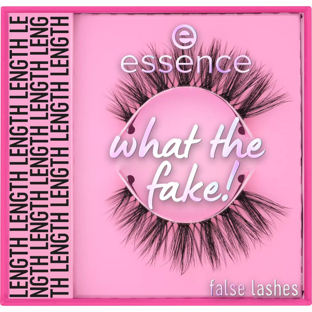Verpackung von Essence What The Fake! falsche Wimpern. Rosa Verpackung mit Produktnamen und Schriftzug.