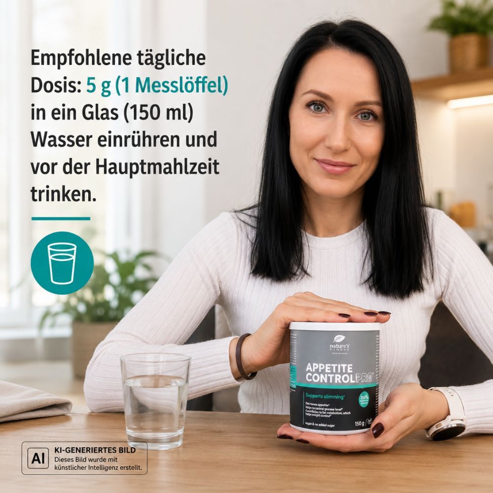 Frau hält Dose Nature's Finest Appetite Control PRO neben einem Glas Wasser. Empfohlene tägliche Dosis: 5g.