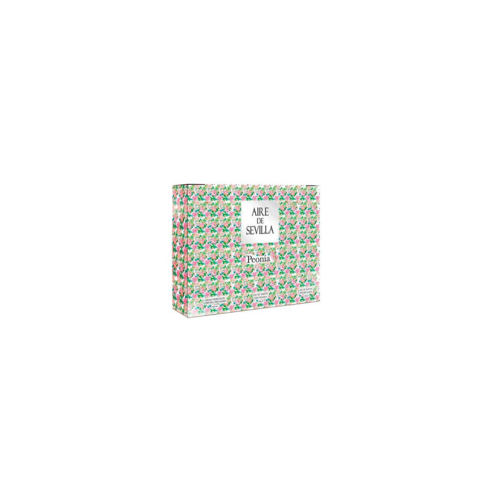 Kartonverpackung mit floralem Muster. Aufschrift: Aire de Sevilla Peonia. Seitlich bedruckt.