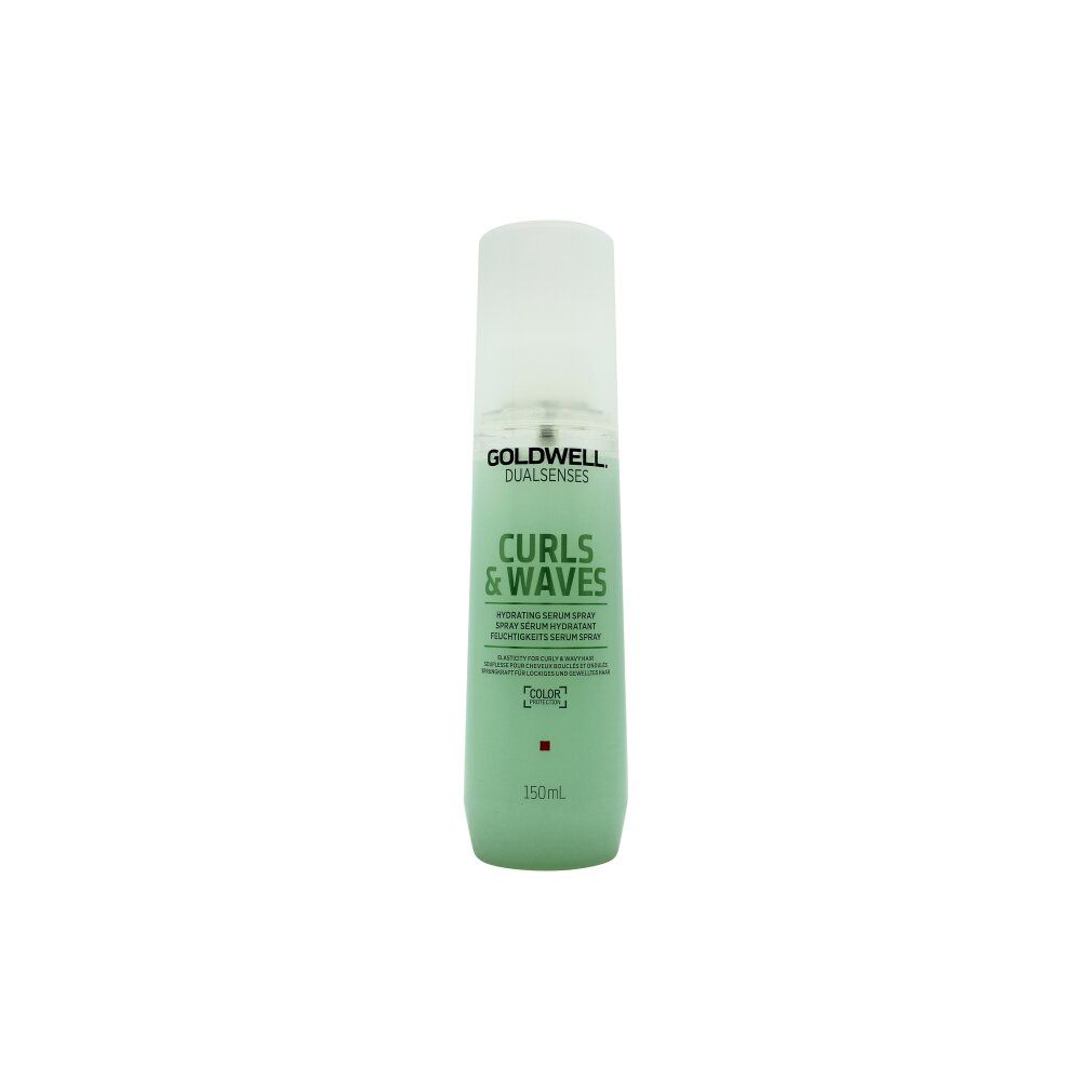 Sprühflasche mit weißem Deckel. Aufschrift: GOLDWELL DUALSENSES, CURLS & WAVES. Grünliche Flüssigkeit sichtbar. 150ml.