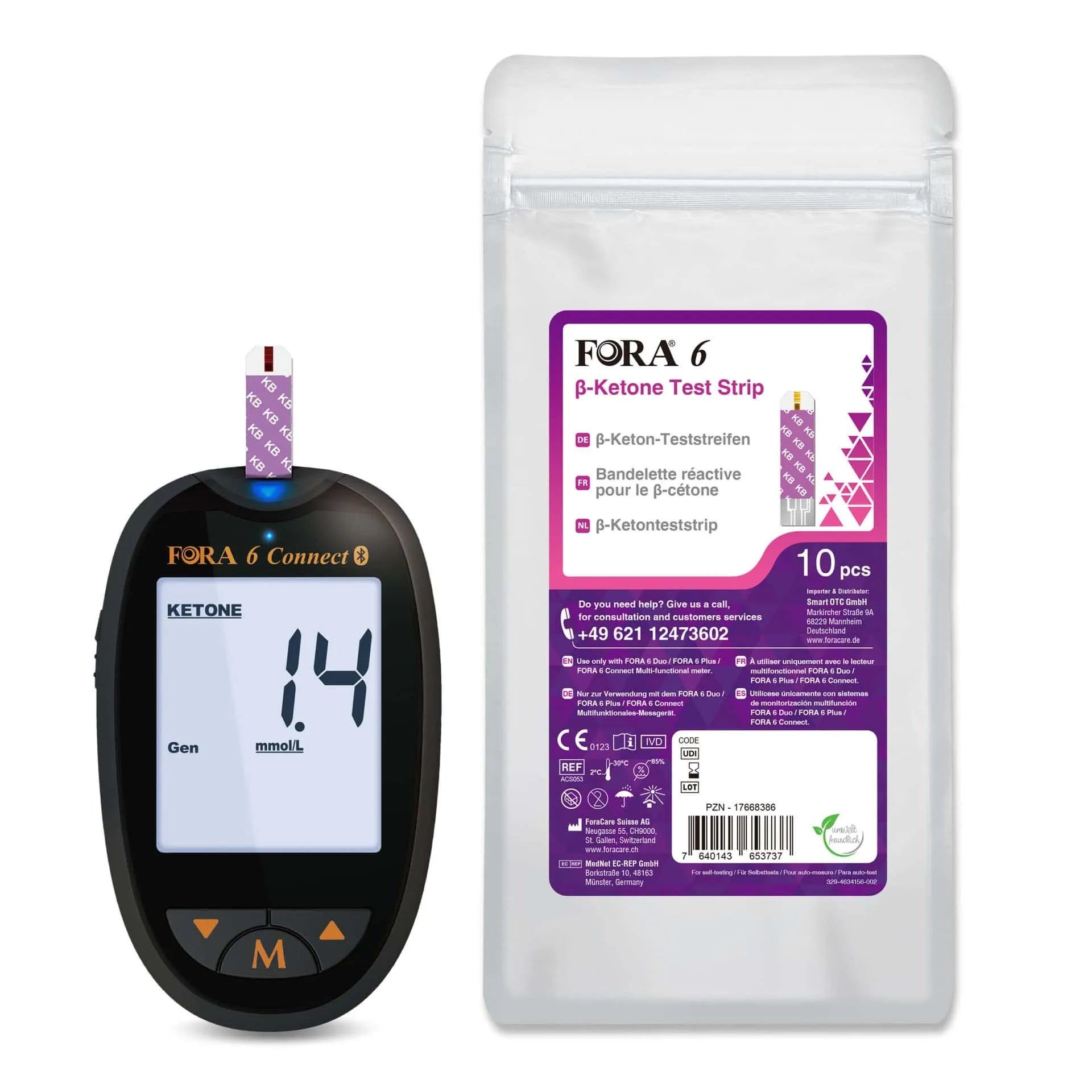 FORA 6 Connect Messgerät und eine Packung FORA 6 β-Ketone Teststreifen, 10 Stück.