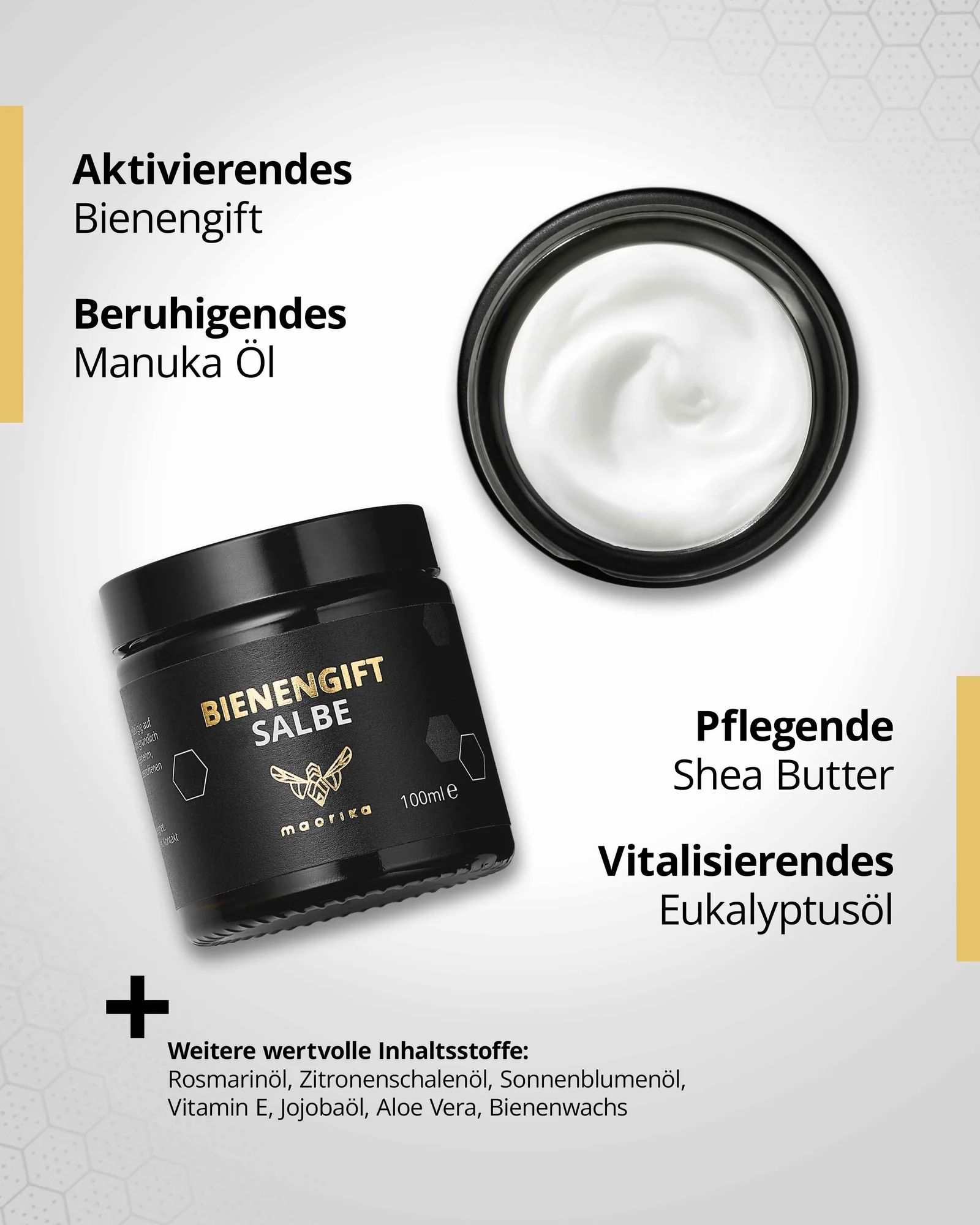 Schwarzes Glas mit weißer Creme und Text: Aktivierendes Bienengift, beruhigendes Manuka Öl. Weitere Inhaltsstoffe.