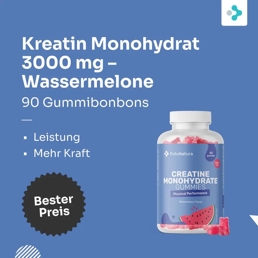 Flasche Kreatin Monohydrat Gummibonbons mit Text über Leistung und Kraft.