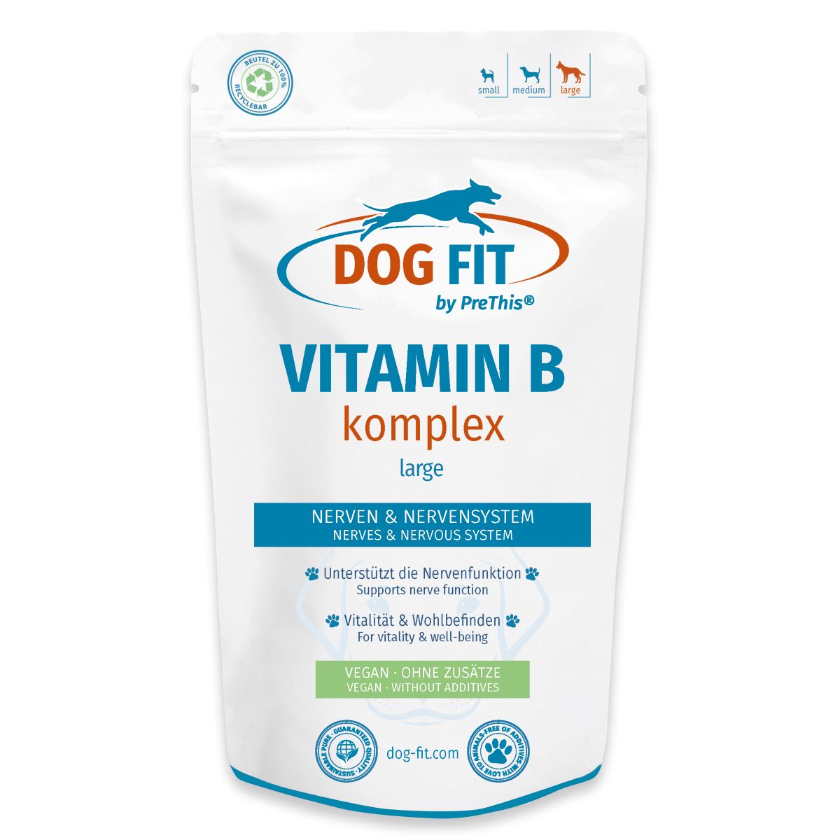 Weiße Tüte mit blauem und grünem Text. Aufschrift: DOG FIT VITAMIN B komplex large. Vegan. Für Nerven & Nervensystem.