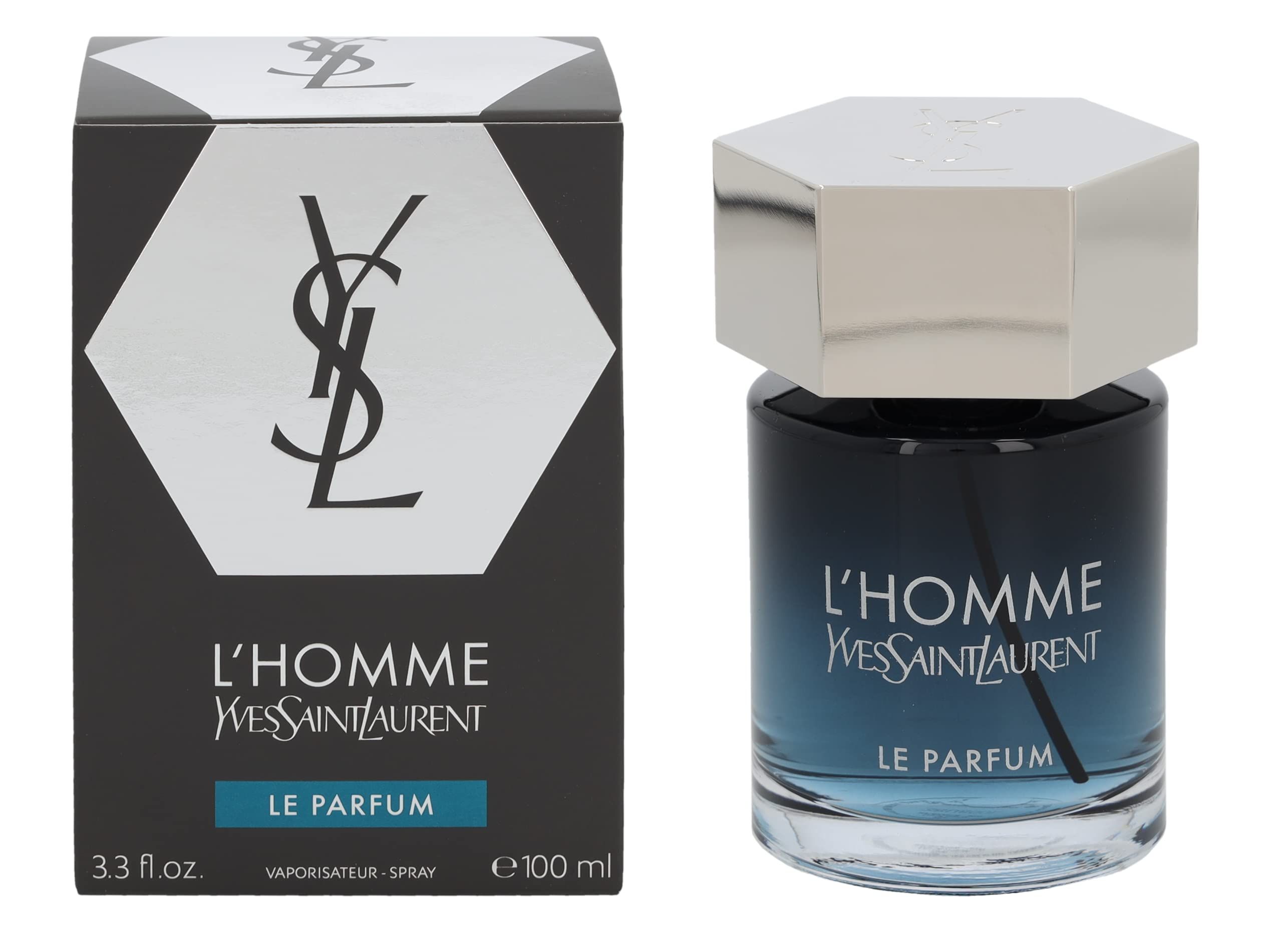 Karton und Flakon. Karton: schwarz mit silbernem Logo. Flakon: rund, blau-transparent, silberner Deckel. Aufschrift: L'HOMME, Yves Saint Laurent, LE PARFUM.