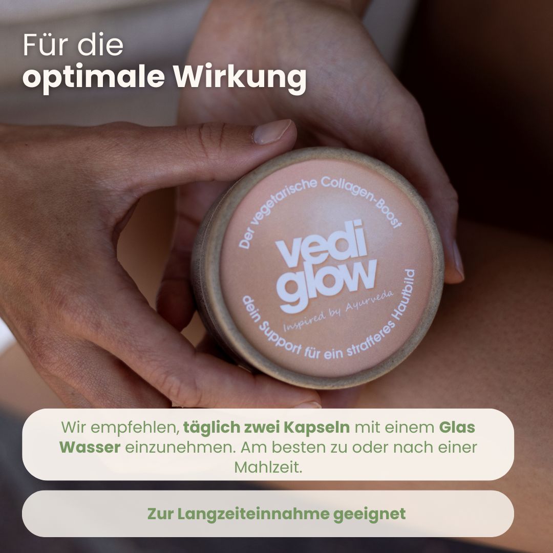 Hände halten Dose Vedi Glow. Text: Für die optimale Wirkung. Einnahme: 2 Kapseln mit Wasser. Geeignet zur Langzeiteinnahme.