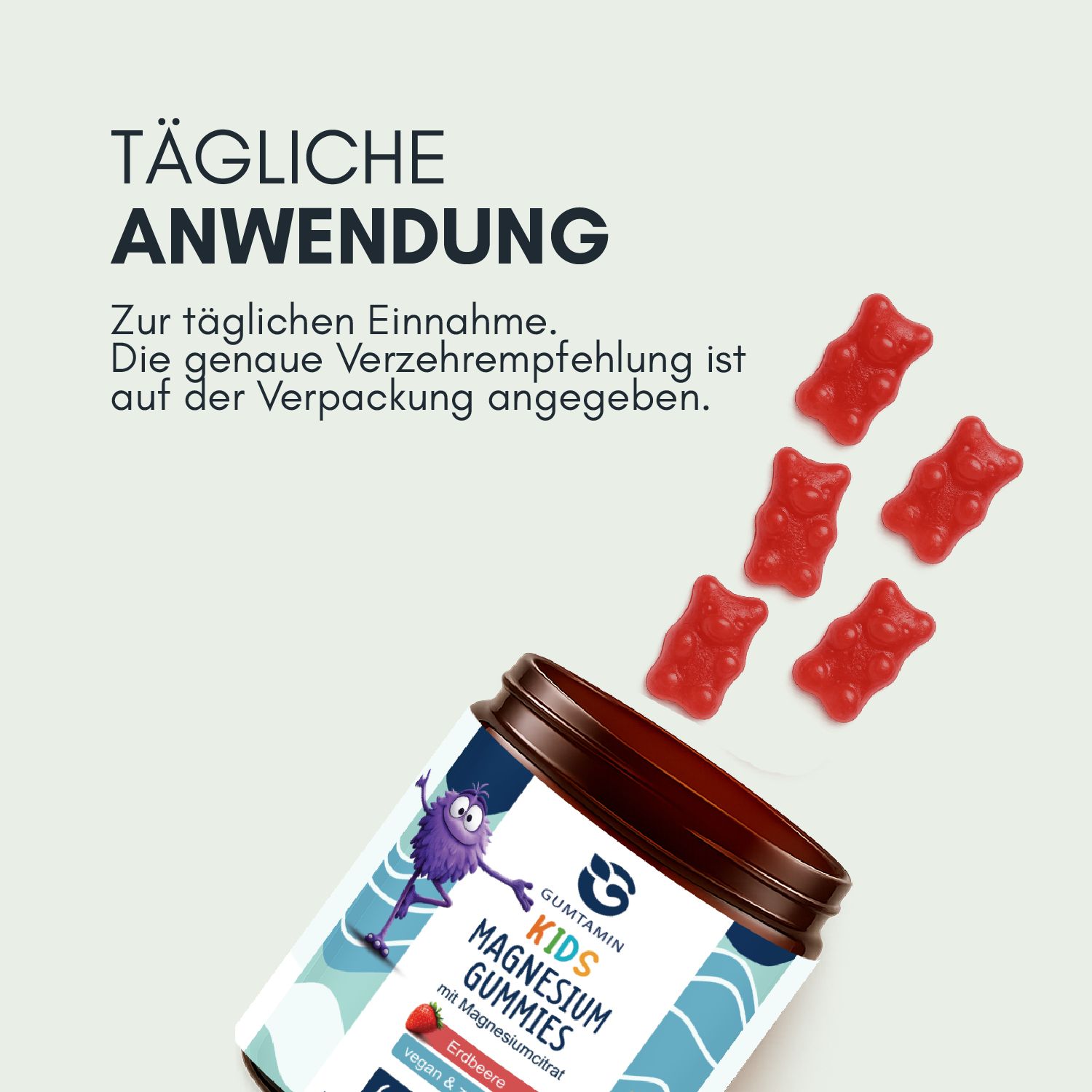 Geöffnete Dose Magnesium Gummibärchen. Rote Gummibärchen fallen heraus. Text: Tägliche Anwendung.