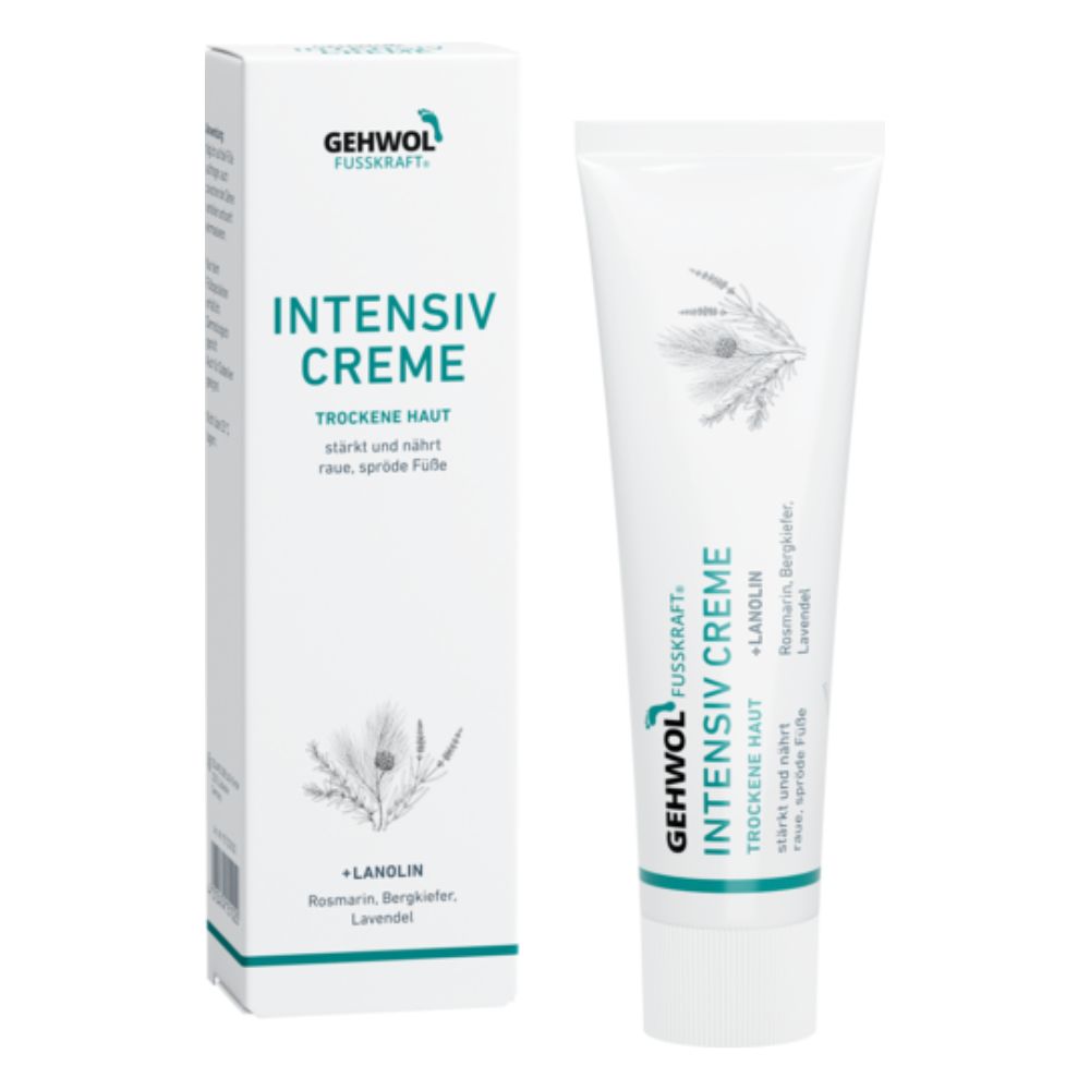 Weiße Tube und Schachtel mit Produktnamen GEHWOL FUSSKRAFT INTENSIV CREME. Text: Trockene Haut, stärkt und nährt, raue, spröde Füße.
