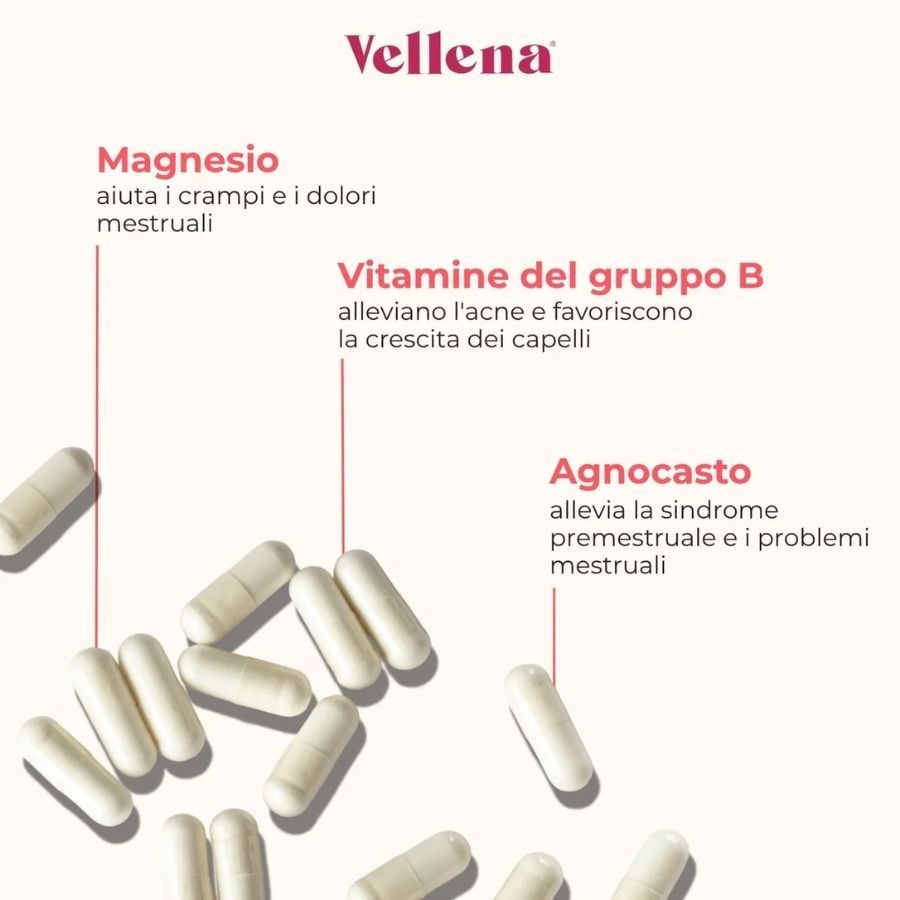 Weiße Kapseln auf rosa Hintergrund. Text: Vellena, Magnesium, B-Vitamine, Agnocasto. Beschreibungen der Vorteile.
