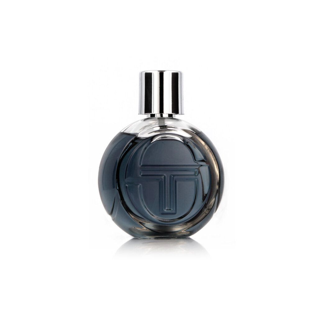 Sergio Tacchini Smash Eau de Toilette Flakon, rund, mit silbernem Verschluss und eingeprägtem Logo.