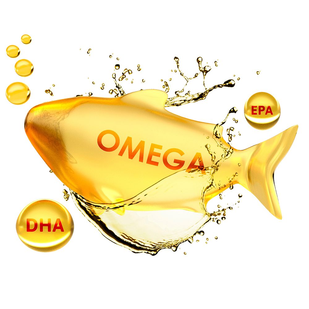 Goldene Fischkapsel mit der Aufschrift OMEGA, umgeben von Öl und Blasen mit DHA und EPA.
