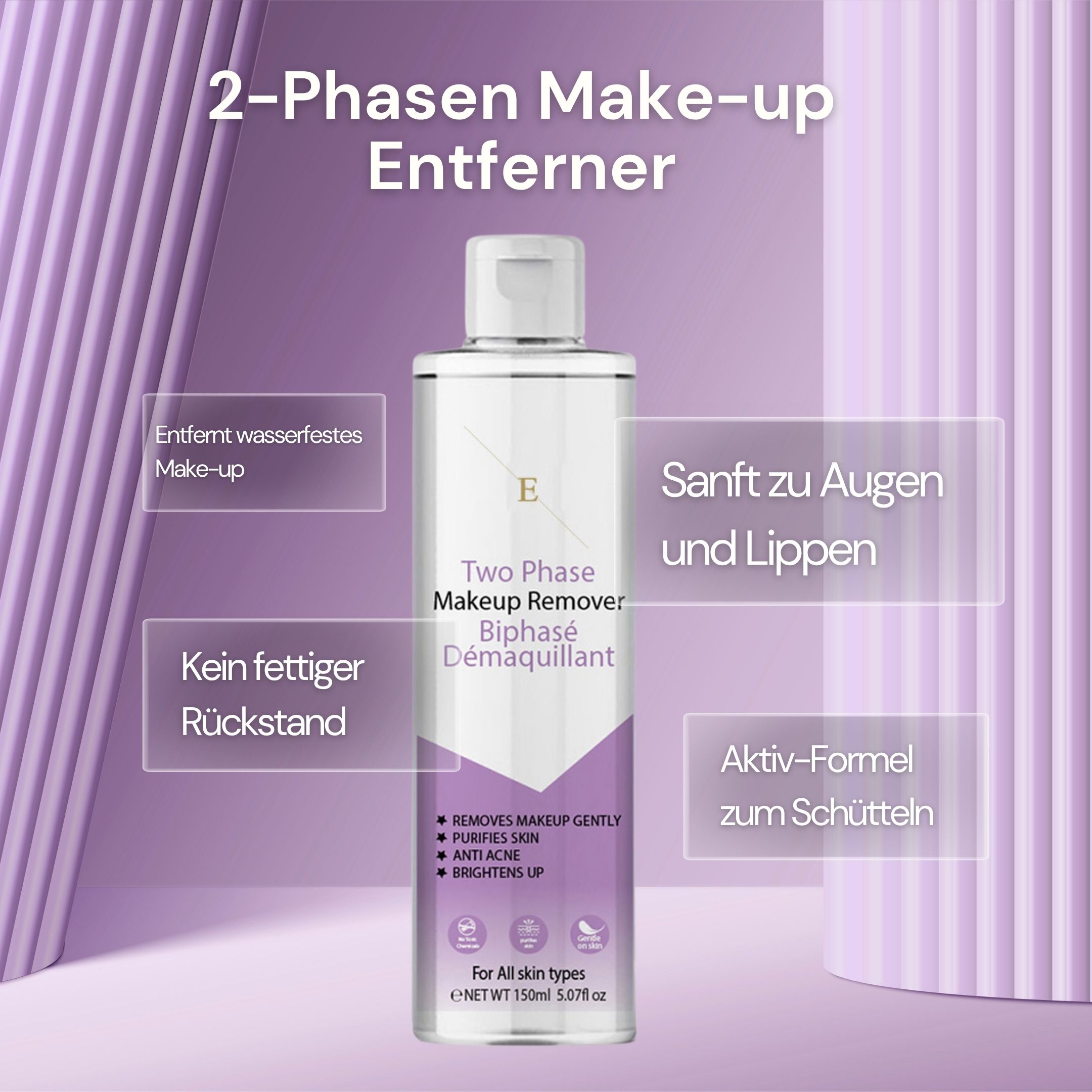 ErthSkin Zwei-Phasen Make-up Entferner. Flasche. Text: 2-Phasen Make-up Entferner, Biphasé Démaquillant. Für alle Hauttypen. Aktiv-Formel zum Schütteln.