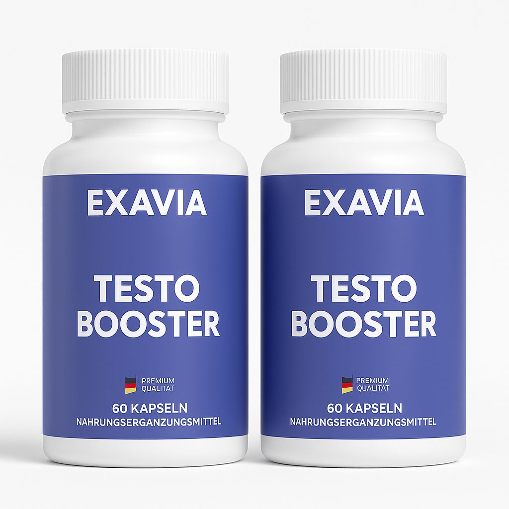 Zwei weiße Flaschen mit blauen Etiketten. Auf den Etiketten steht "EXAVIA", "TESTO BOOSTER" und "60 KAPSELN".