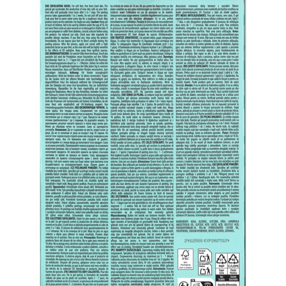 Rückseite der Verpackung mit Text in mehreren Sprachen. Recycling-Symbole unten.