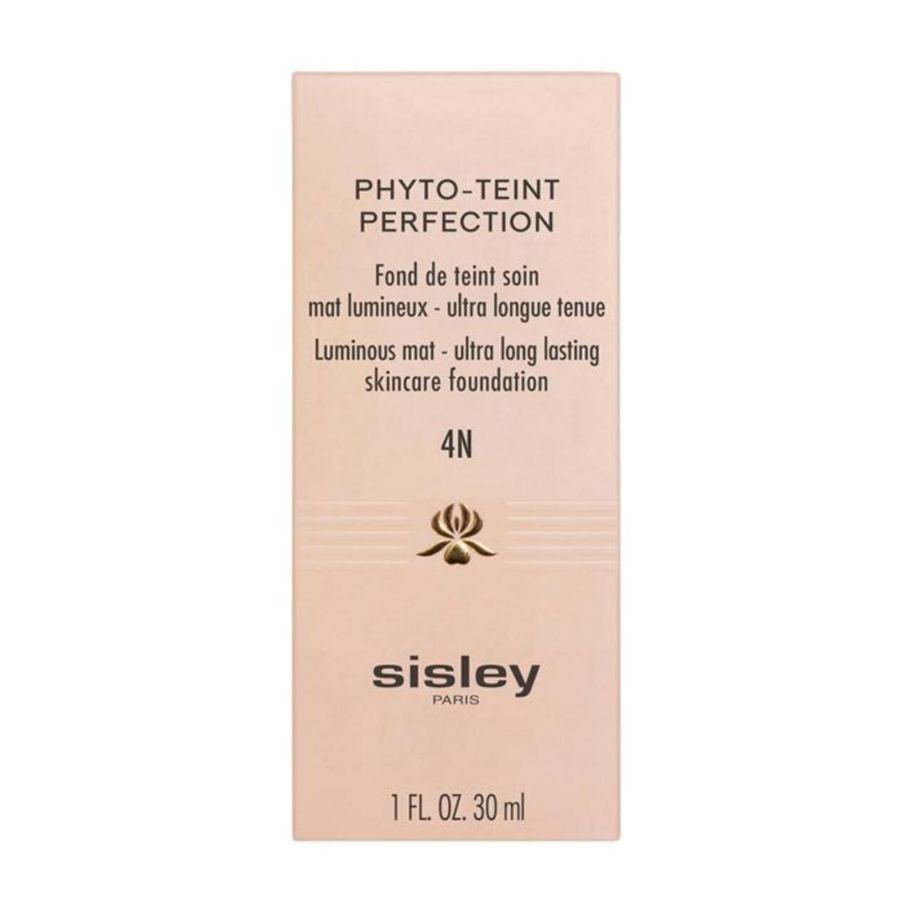 Verpackung von Sisley Phyto-Teint Perfection Foundation, Farbton 4N. Enthält 30 ml.