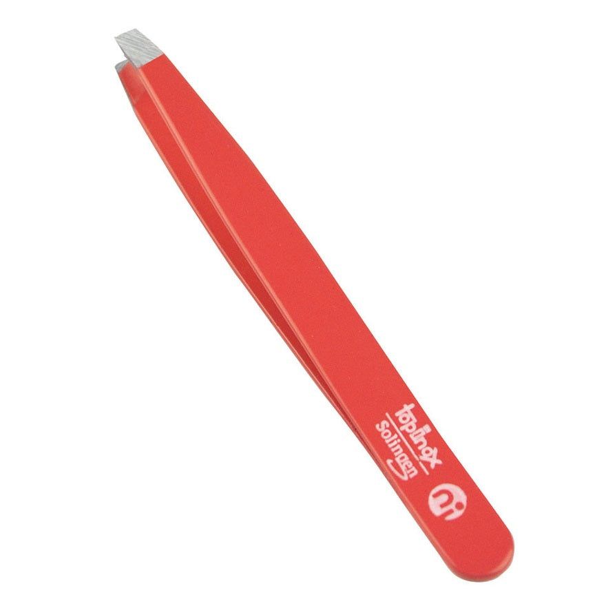 Rote Pinzette aus Edelstahl. Aufschrift: TopInox Solingen. Spitze, abgewinkelte Form.