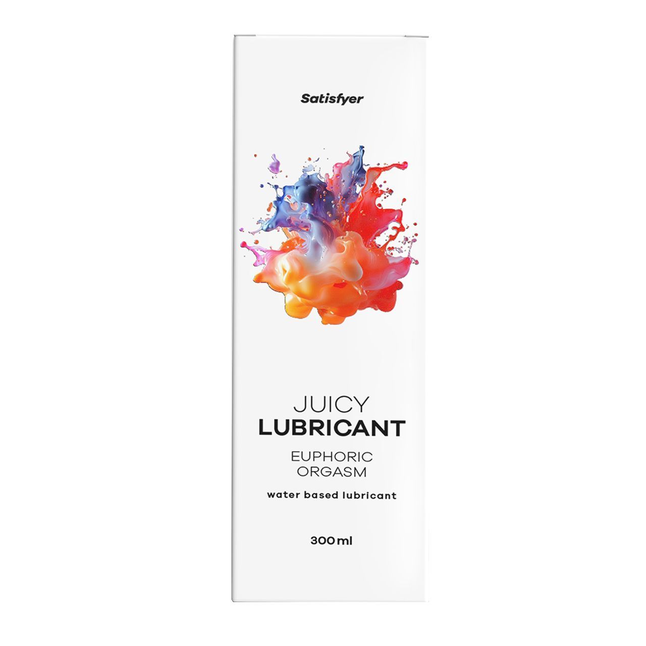 Weiße Verpackung mit Produktnamen und Logo. Enthält farbigen Spritzer. Aufschrift: Juicy Lubricant, Euphoric Orgasm, water based lubricant, 300ml.