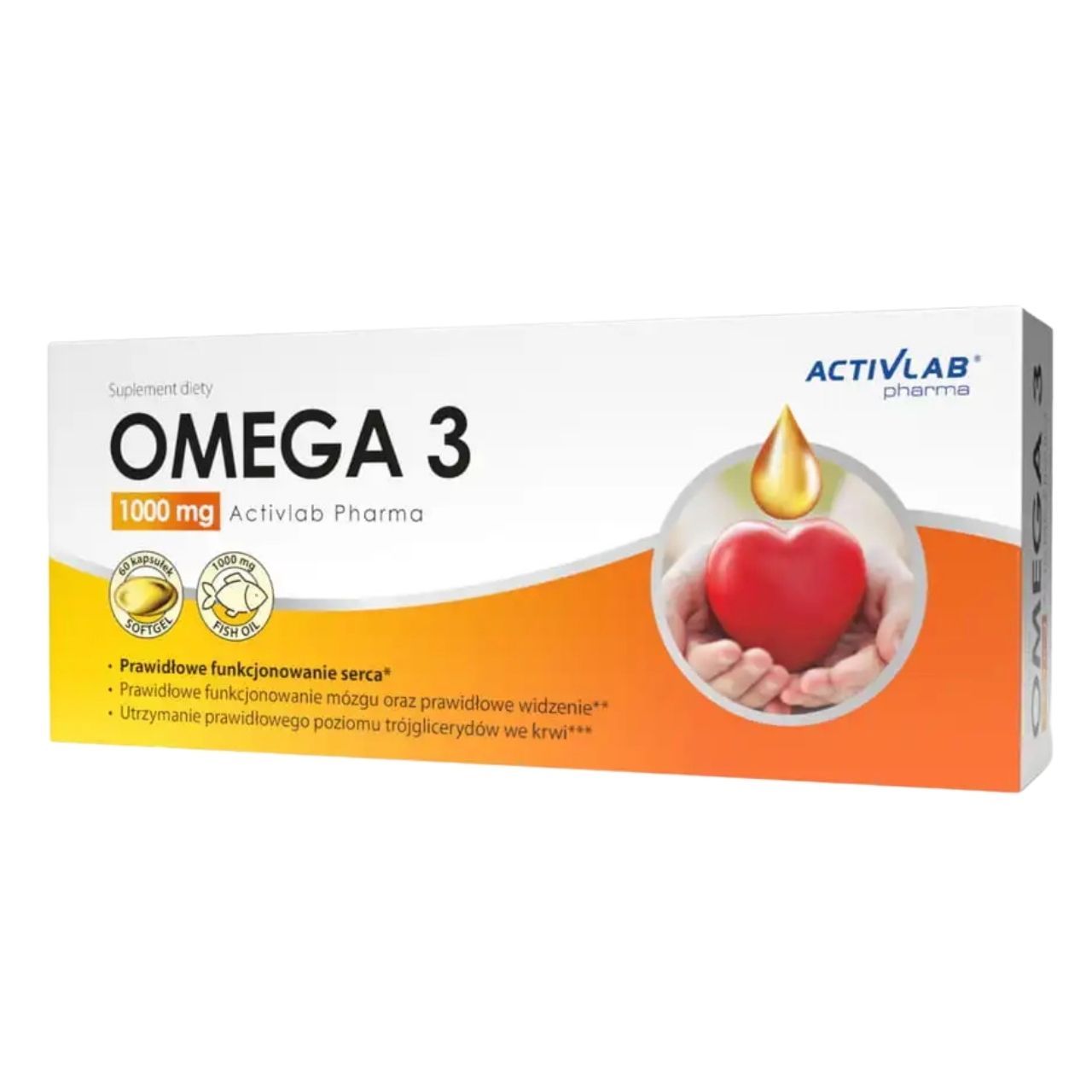 Activlab Omega 3 Nahrungsergänzungsmittel-Verpackung mit Herz-Symbol und Tropfen.
