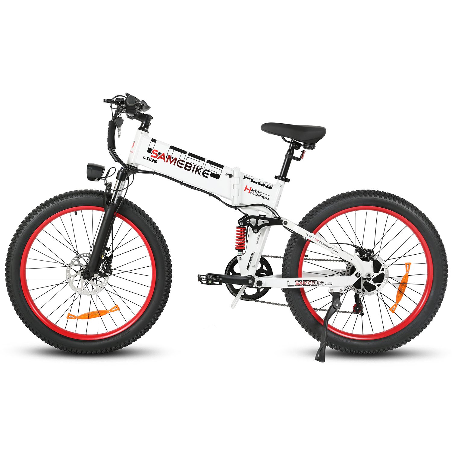 Faltbares E-Bike, weiß mit roten Felgen. Schwarze Reifen, Sattel und Lenker. Marke SAMEBIKE LO26Plus.