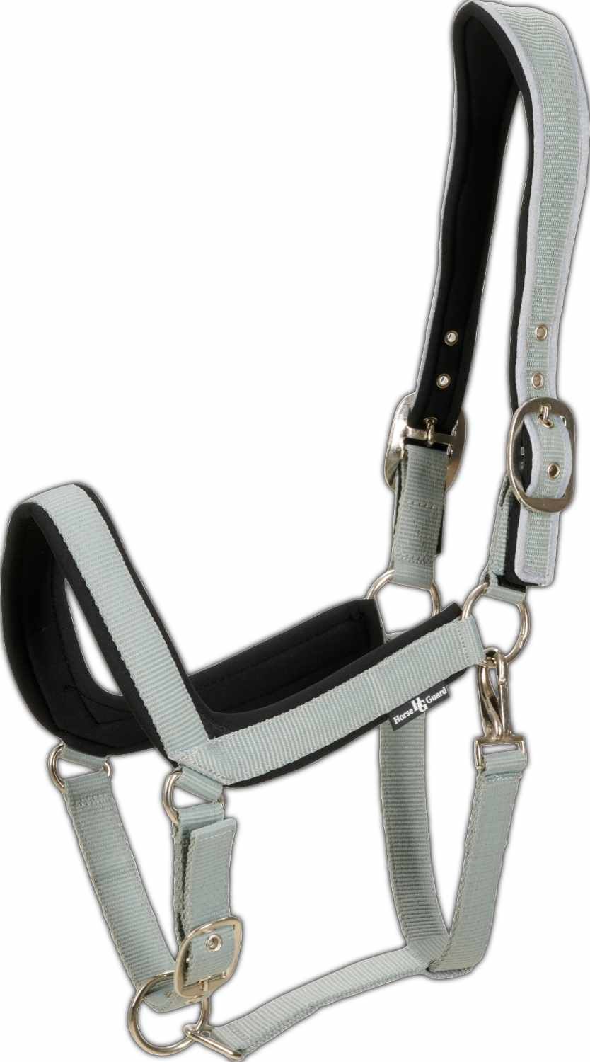 Graues Nylonhalfter mit schwarzer Neoprenunterlage. Metallverschlüsse und -ringe. Marke HorseGuard.