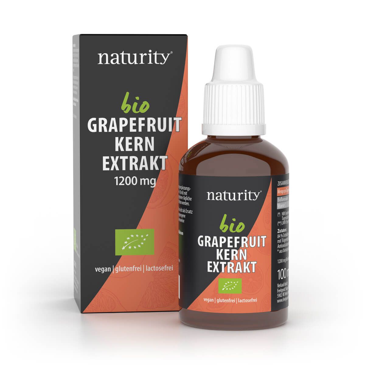 Braune Flasche und Schachtel mit Aufschrift 'Naturity Bio Grapefruitkern Extrakt 1200mg'. Vegan, glutenfrei, laktosefrei.