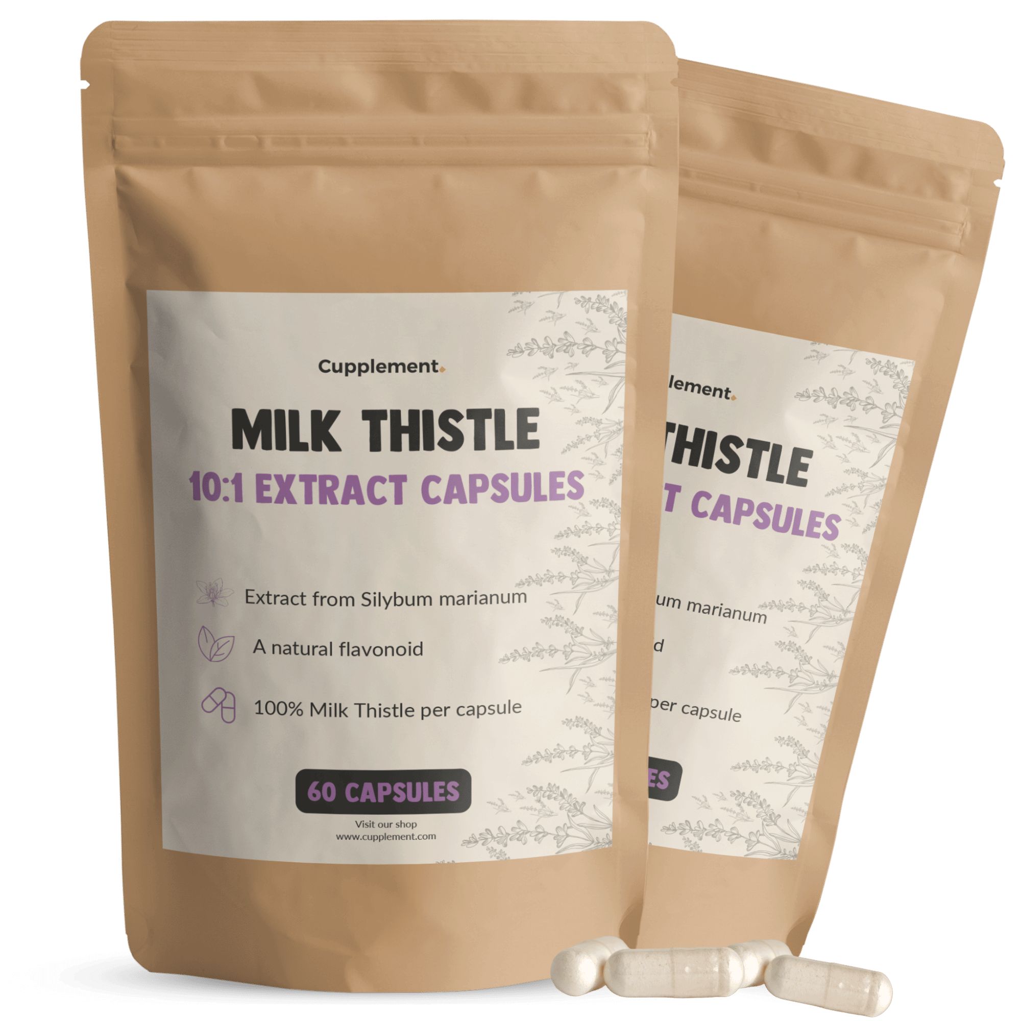 Zwei Beutel mit Kapseln. Aufschrift: Milk Thistle 10:1 Extract Capsules. 60 Kapseln. Einige Kapseln liegen daneben.