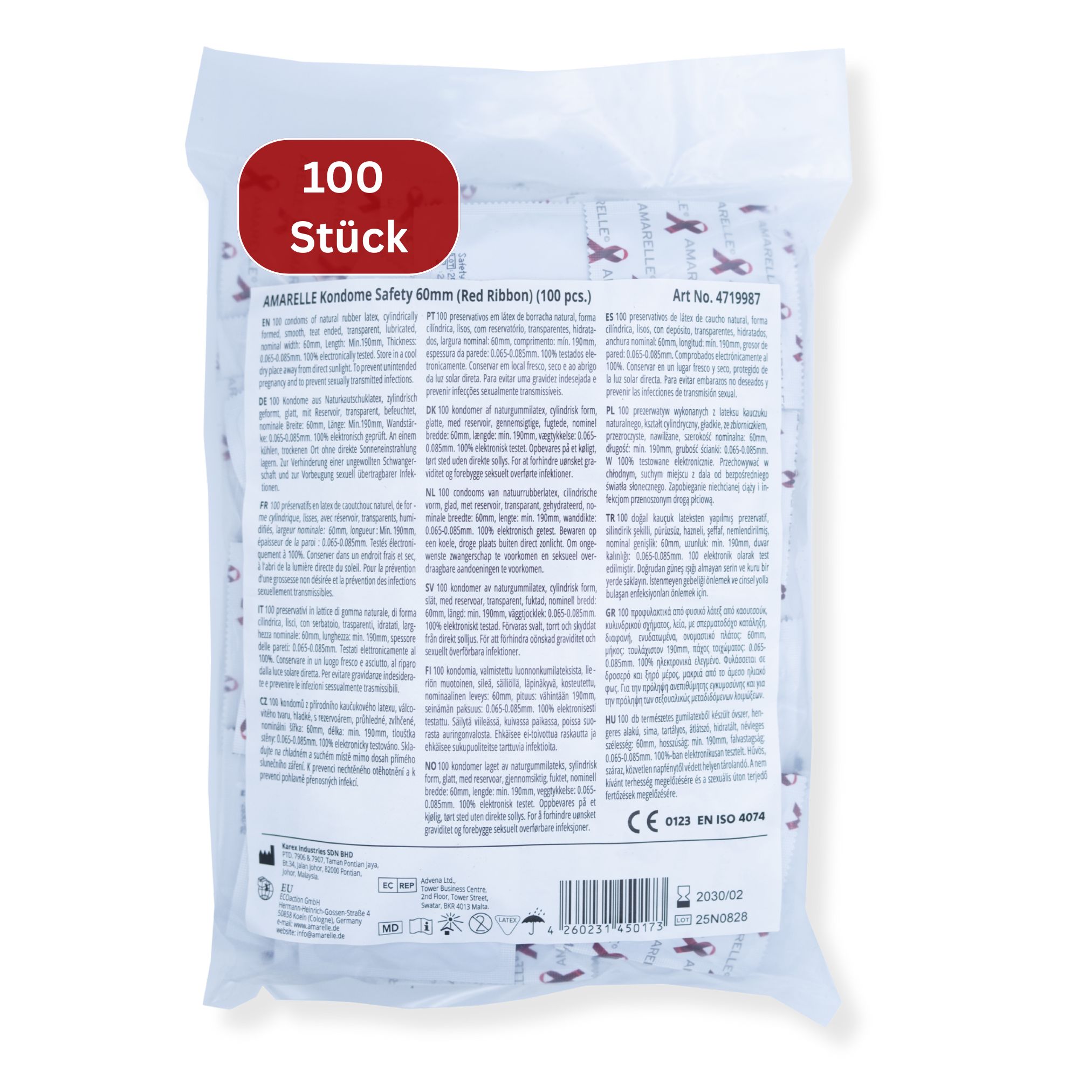 Verpackung mit Kondomen. Aufschrift: Amarelle Kondome Safety 60mm (Red Ribbon) (100 pcs.). Rote Aufschrift: 100 Stück.