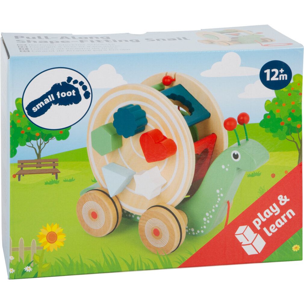 Verpackung mit Holzschnecke und Formen. Marke: small foot. Altersempfehlung: 12+. Schnecke mit grünen, roten und blauen Formen.