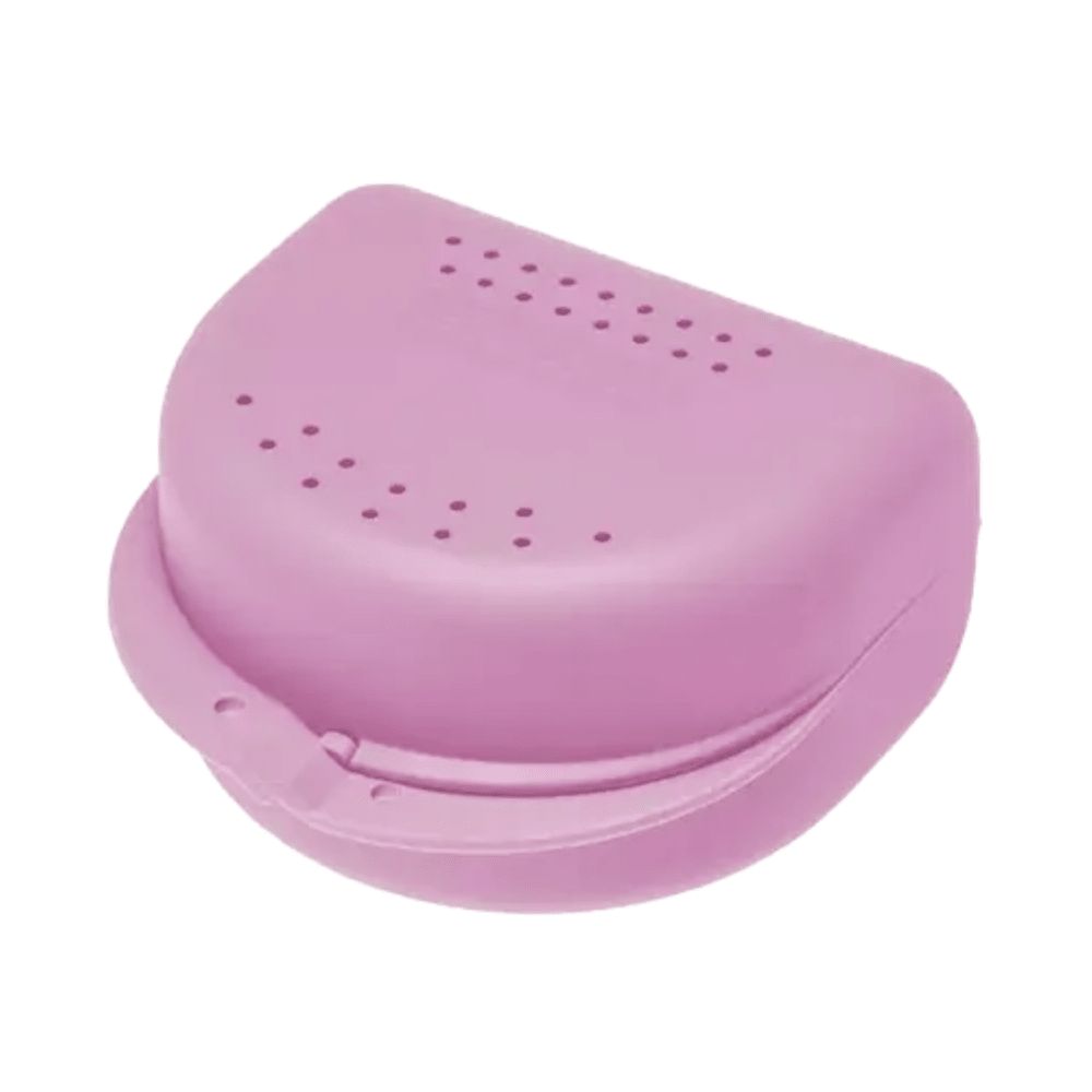 Rosa Zahnspangenbox mit Belüftungslöchern und Griff. Geschwungene Form mit Klappverschluss.