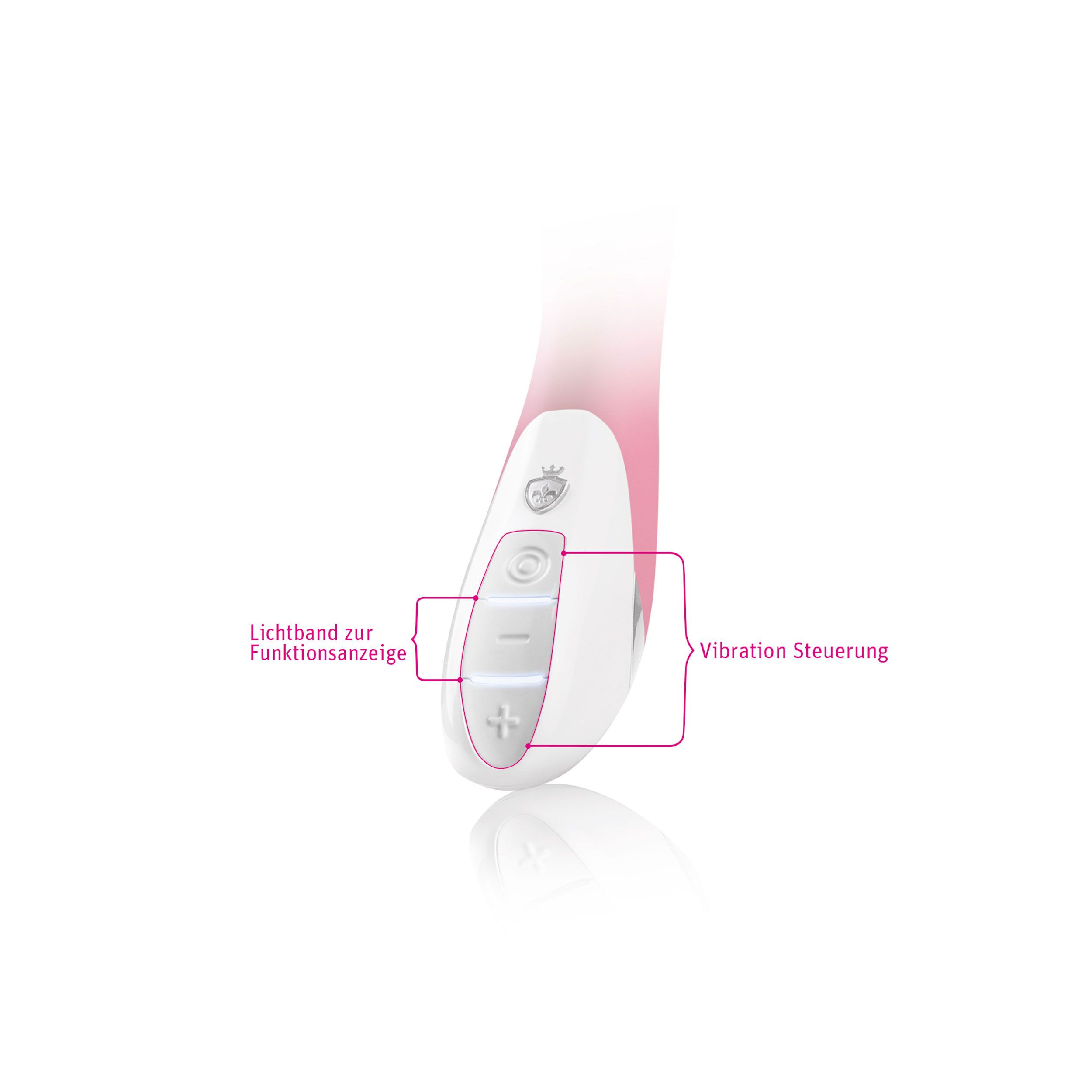Nahaufnahme des weißen Bedienfelds eines pinkfarbenen Vibrators. Beschriftung: Vibration Steuerung.