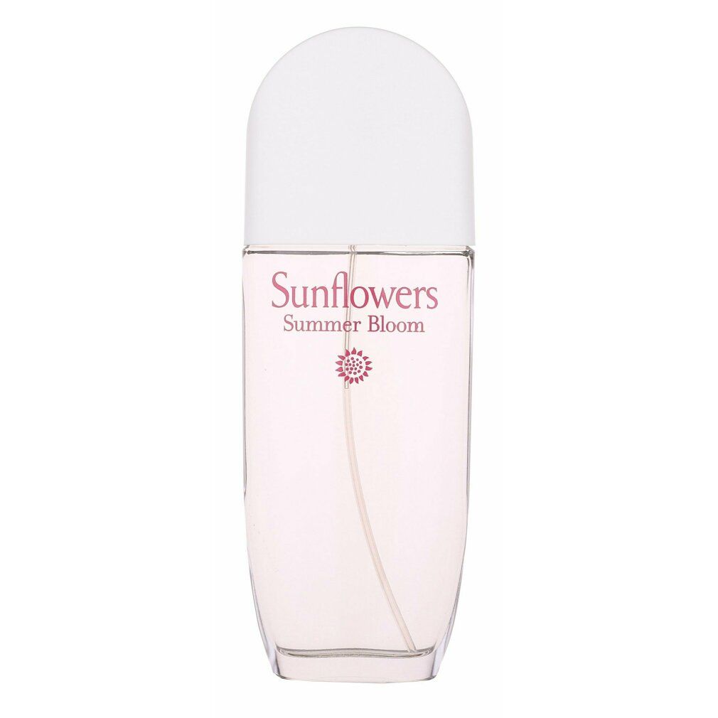 Sunflowers Summer Bloom Flakon. Transparenter Flakon mit weißem Deckel. Aufschrift: Sunflowers Summer Bloom.