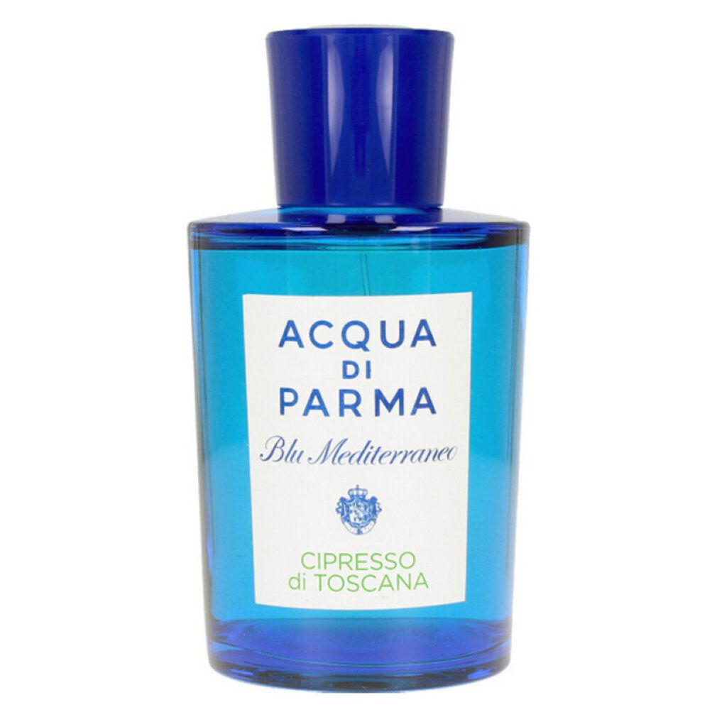 Blaue Glasflasche mit blauem Verschluss. Weißes Etikett mit Text: Acqua di Parma, Blu Mediterraneo, Cipresso di Toscana.