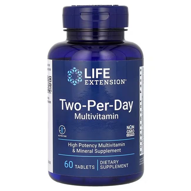 Blaue Flasche Life Extension Zwei-Tages-Multivitamin. Enthält 60 Tabletten. Glutenfrei und ohne Gentechnik.