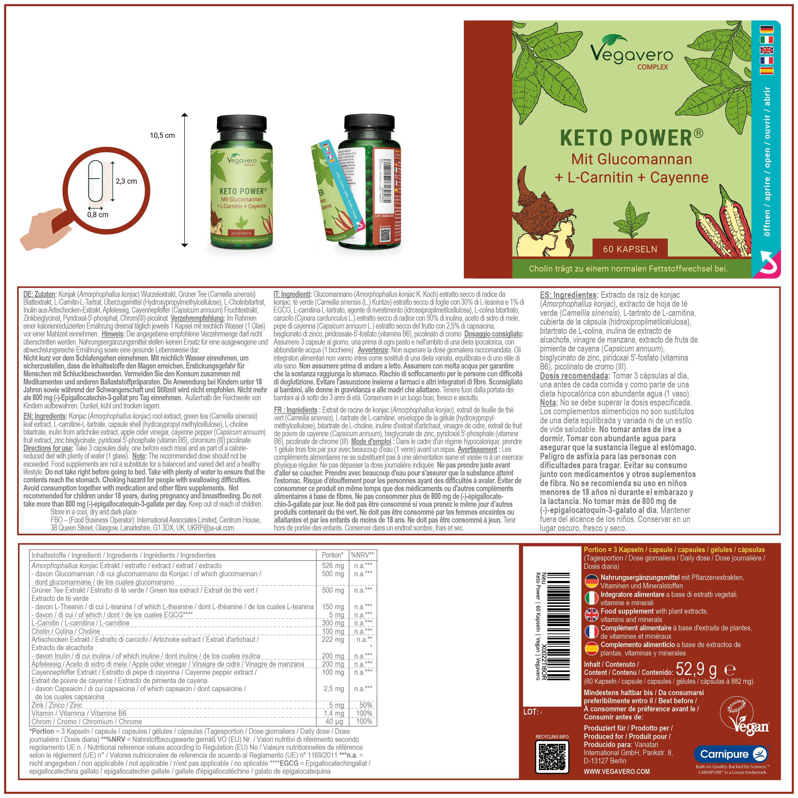 Produktverpackung mit Flasche und Beipackzettel. Aufschrift: Keto Power. Inhaltsstoffe und Nährwertangaben.