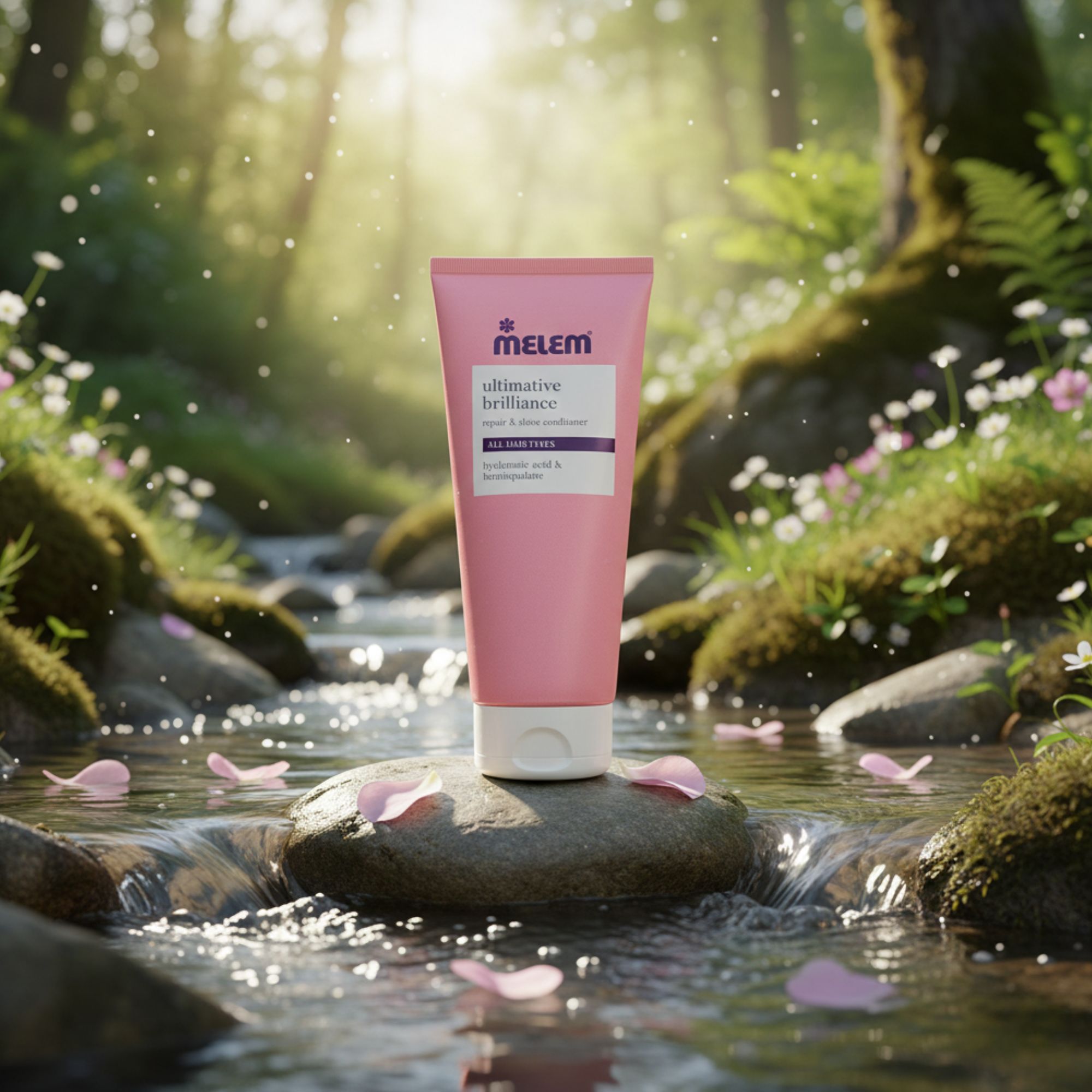 Rosa Tube mit weißem Verschluss. Aufschrift: Melem, ultimative Brillanz, Repair & Shine Conditioner. Umgebung: Natur, Wasser.