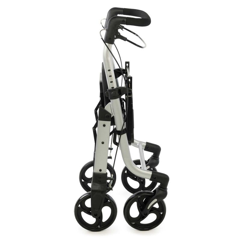 Seitliche Ansicht eines zusammengeklappten Rollators mit Rädern.
