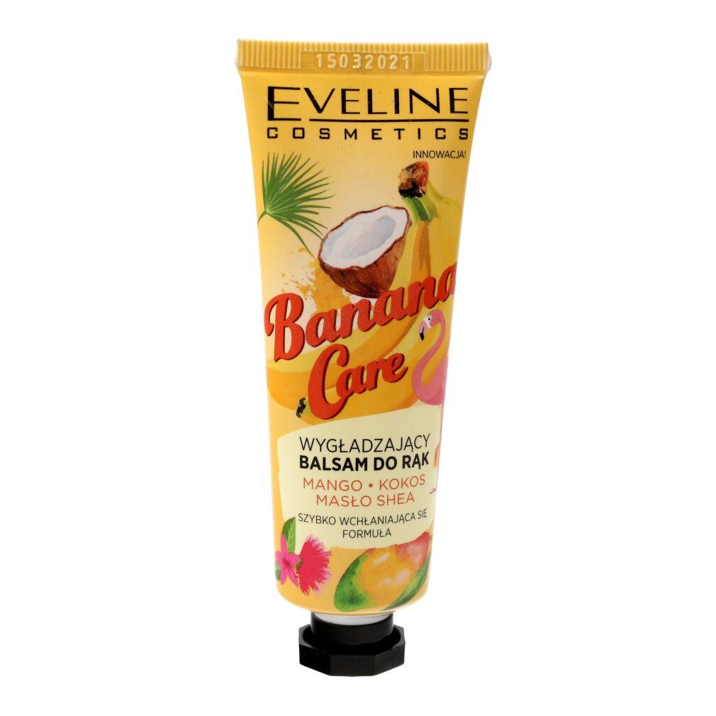 Gelbe Tube mit Aufdruck. "EVELINE COSMETICS" und "Banana Care" Schriftzug. Abbildung von Banane, Kokosnuss und Flamingo. Schwarzer Verschluss.
