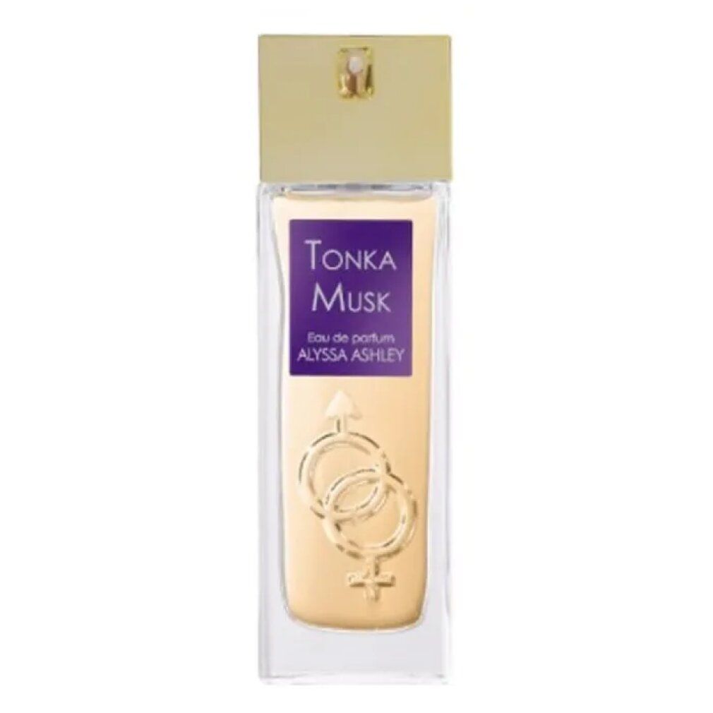 Alyssa Ashley Tonka Musk Eau de Parfum Spray. Rechteckige Flasche mit goldfarbenem Deckel und lila Etikett.