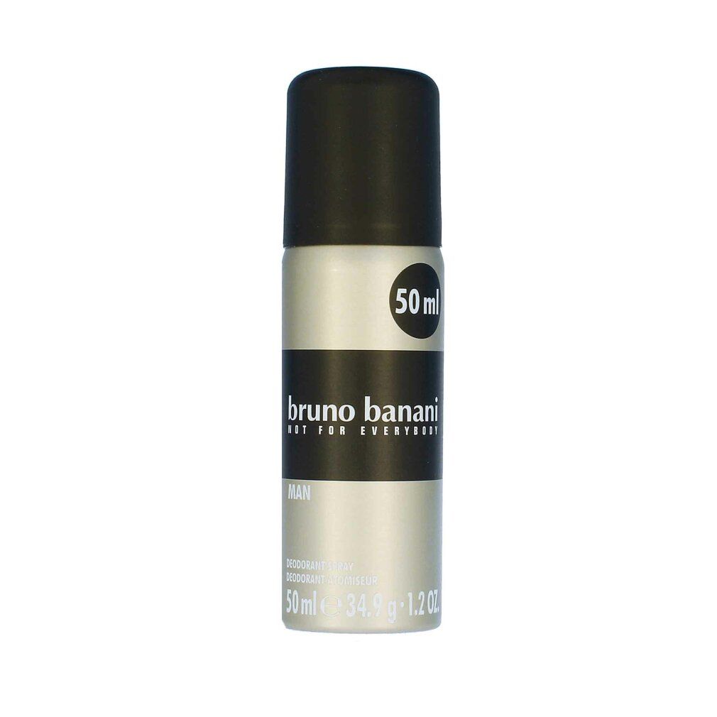 Deodorant-Spray Bruno Banani Man. Silberne Dose mit schwarzem Deckel. Schwarzes Band mit Logo und Schriftzug. 50 ml.