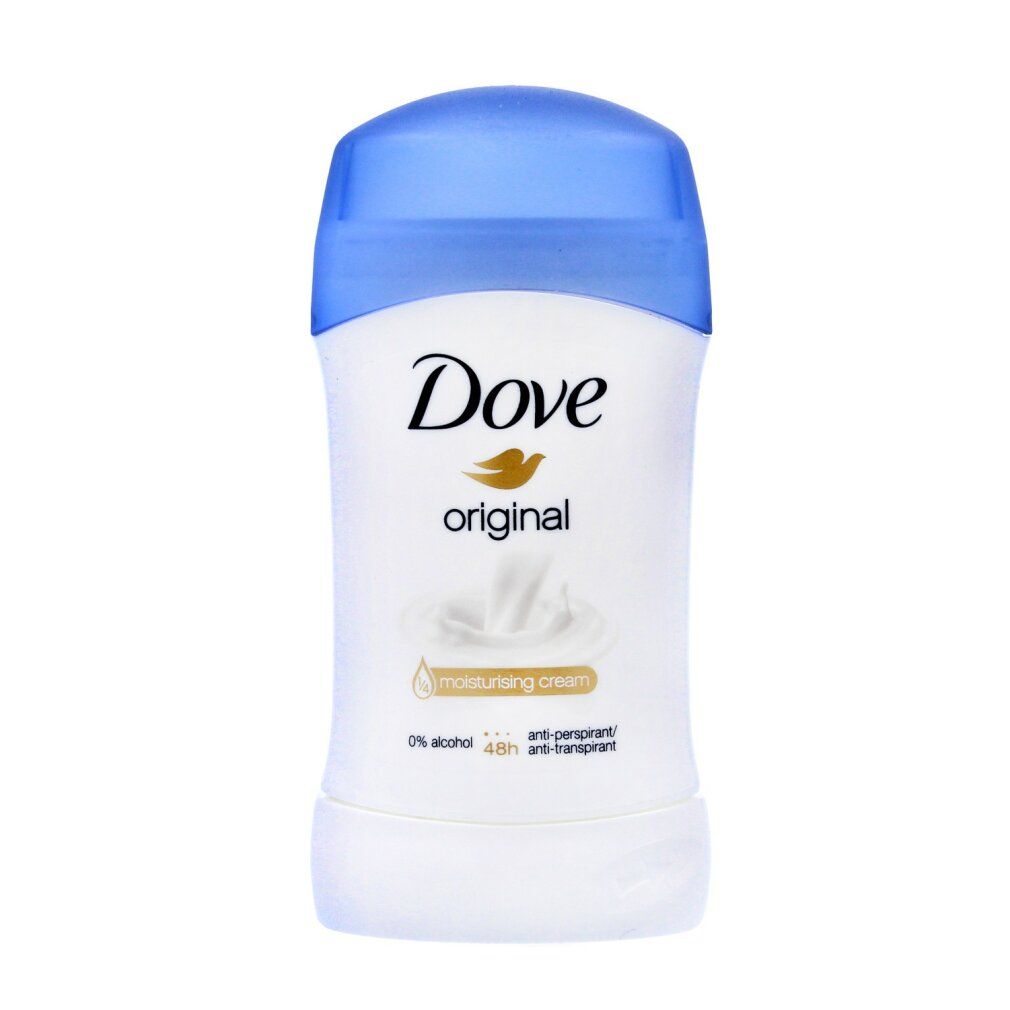 Dove Original Deodorant Stick. Weißer Stick mit blauem Deckel. Schriftzug Dove und Produktbezeichnung.