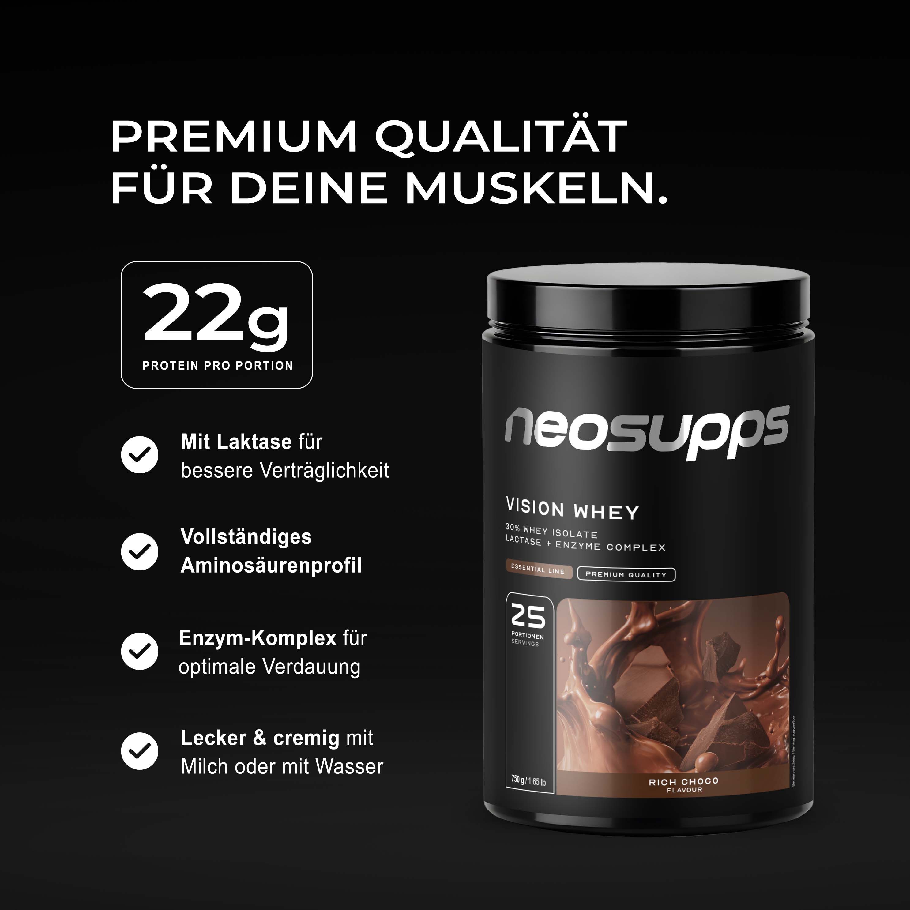 Neosupps Whey Proteinpulver Rich Choco, 750g, Protein Pulver, Proteinshake
