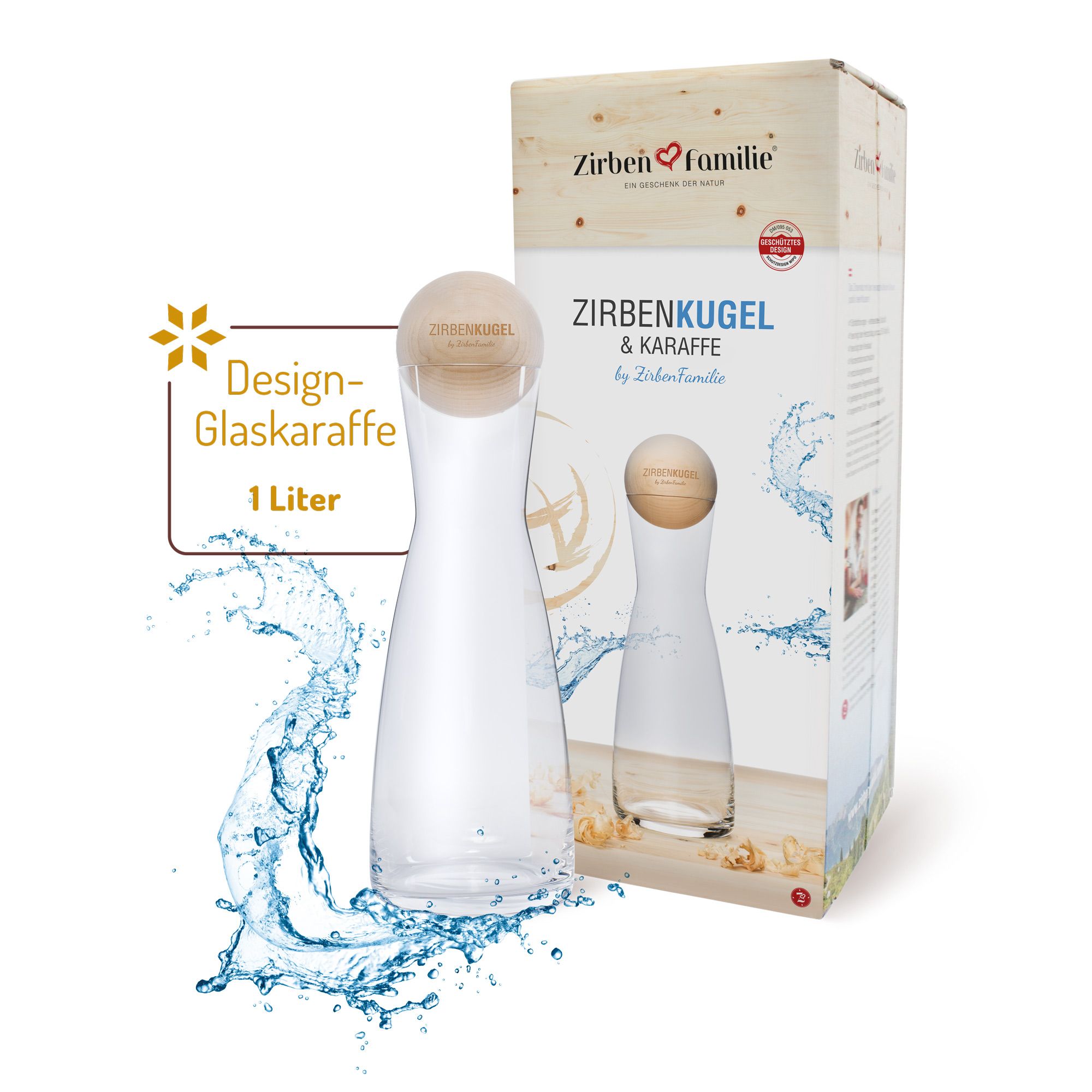 ZirbenFamilie | Original ZirbenKugel & Karaffe Set. Design-Glaskaraffe, 1 Liter. Produktverpackung mit Produktabbildung.
