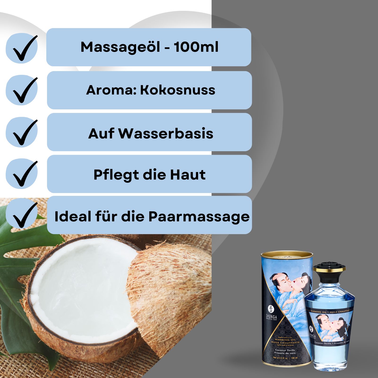 Produkt mit Kokosnuss. Text: Massageöl, Aroma Kokosnuss, auf Wasserbasis, pflegt die Haut, ideal für Paarmassage. Kokosnuss daneben.