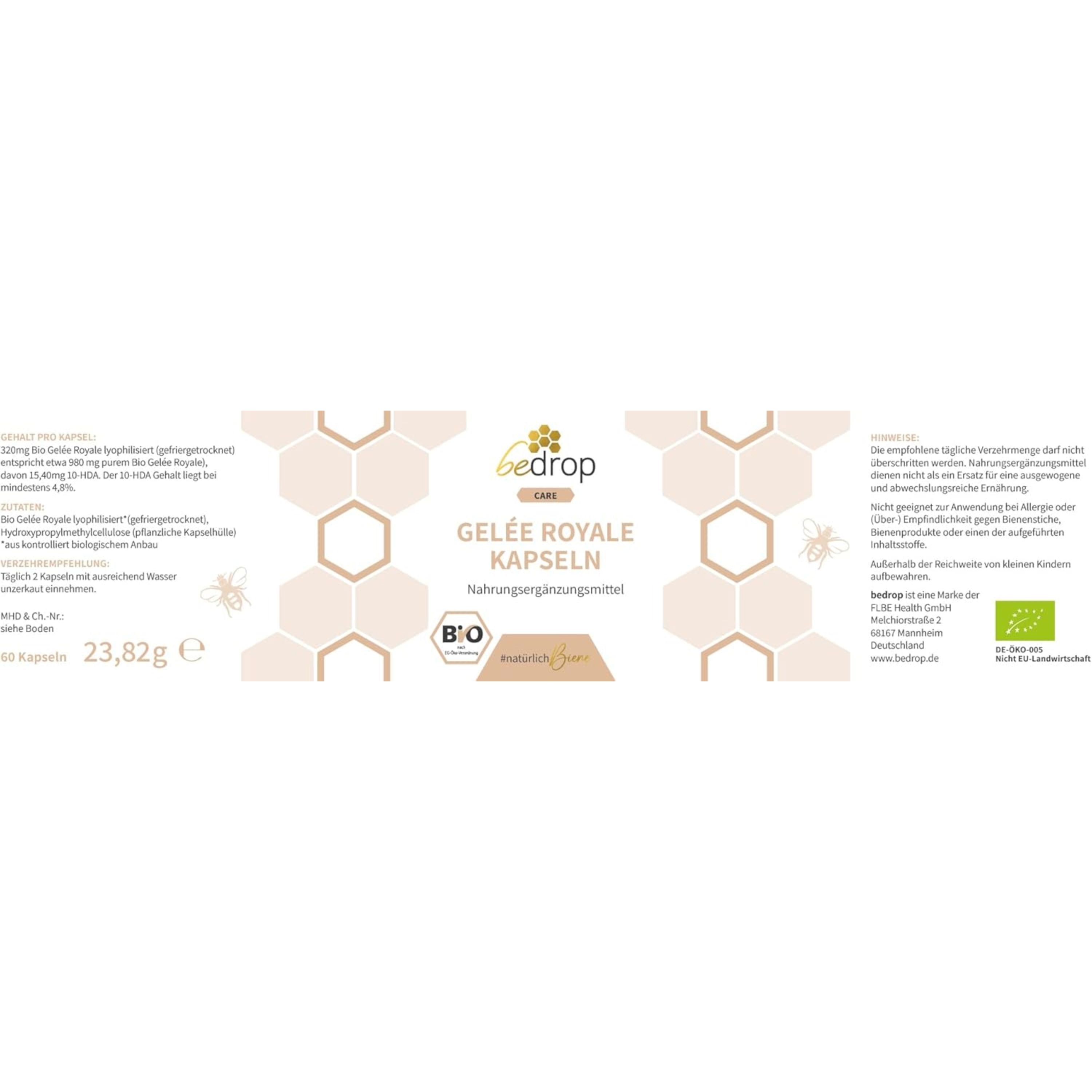 Etikett mit Produktinformationen: "bedrop CARE Gelée Royale Kapseln". Bio-Siegel. Honigwaben-Design. Text in Deutsch.