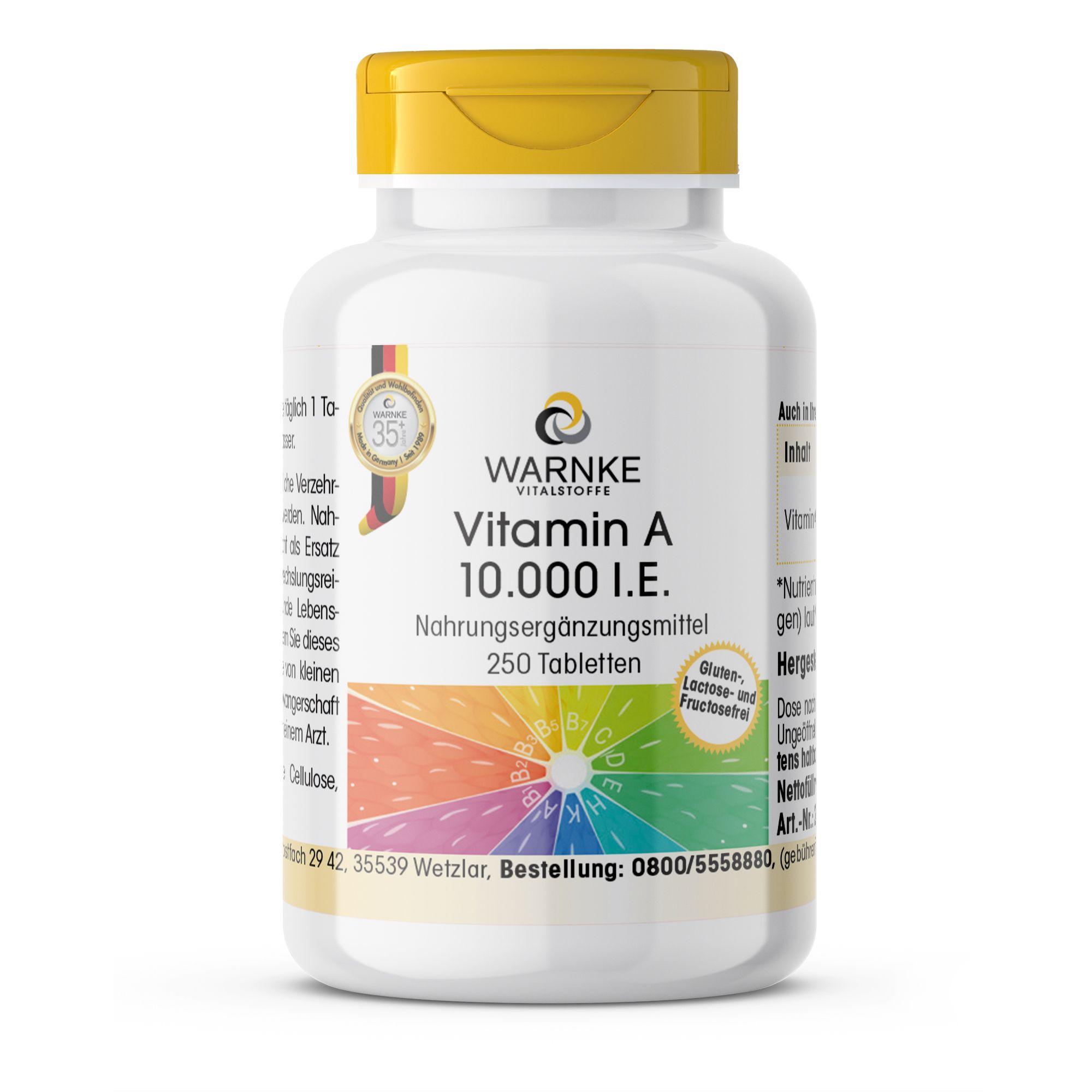 Weiße Flasche mit gelbem Deckel. Aufschrift: Vitamin A 10.000 I.E. Nahrungsergänzungsmittel. 250 Tabletten. Warnke Vitalstoffe.