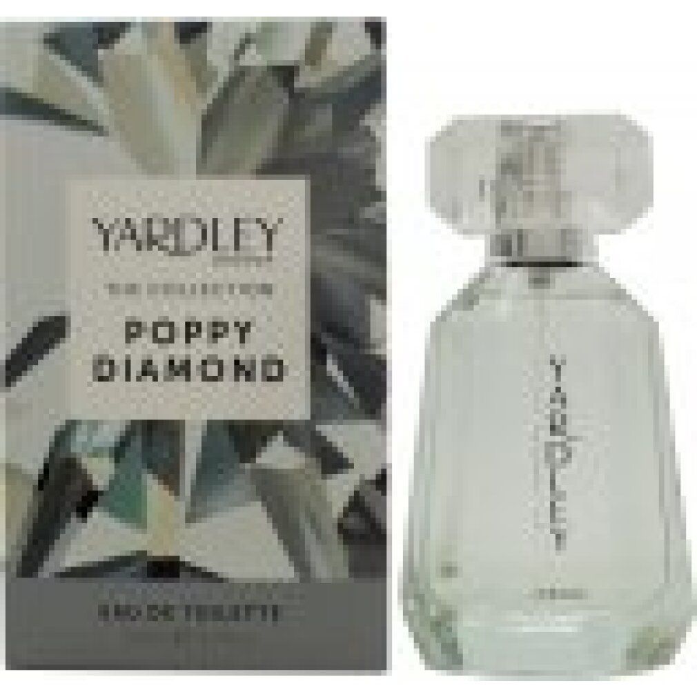 Yardley Poppy Diamond Eau de Toilette Flakon und Schachtel. Flakon transparent, Deckel facettiert. Schachtel mit Logo und Produktname.