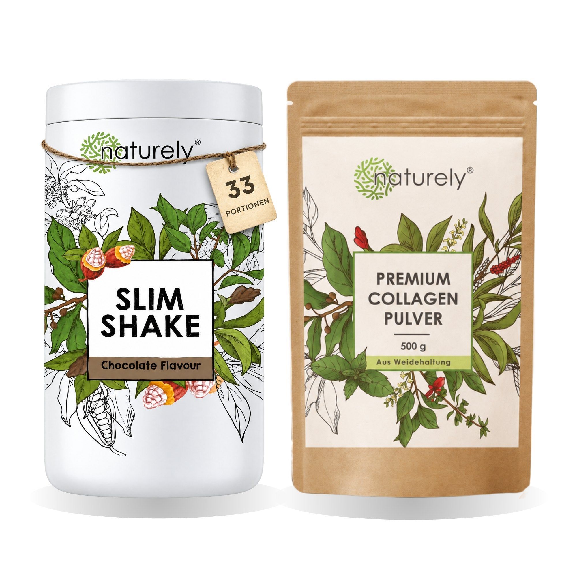 Naturally Slim Shake Schokoladengeschmack und Naturally Premium Kollagenpulver.